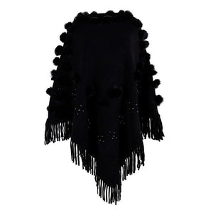 Women O-Neck Solid Sweater Hairball Tassel Cloak Loose Shawl Sweater