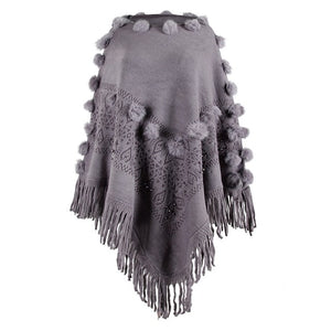 Women O-Neck Solid Sweater Hairball Tassel Cloak Loose Shawl Sweater