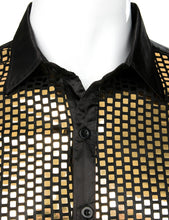 Load image into Gallery viewer, Shiny Gold Sequin Black Silk Dress Shirts Men Long Sleeve Button Down Shiny Disco Party Shirts Male Nightclub Party Prom Chemise