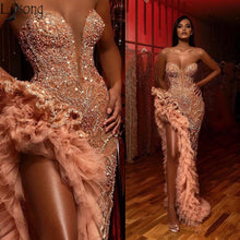 Load image into Gallery viewer, Aso Ebi Champagne Blush Mermaid Prom Dresses 2020 Sparkly Beaded Ruffles High Slit Sweetheart Arabic Evening Dress Occasion Gown