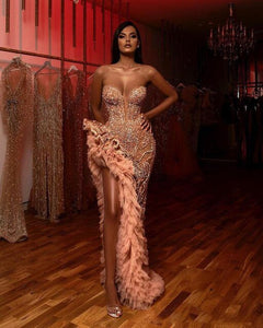 Aso Ebi Champagne Blush Mermaid Prom Dresses 2020 Sparkly Beaded Ruffles High Slit Sweetheart Arabic Evening Dress Occasion Gown