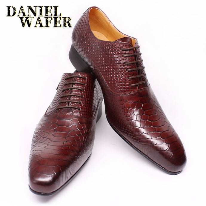 Fashion Men Leather Shoes Snake Skin Prints Men Office Dress Classic Style Burgundy Blue Lace Up Pointed Toe Oxford Shoes Men