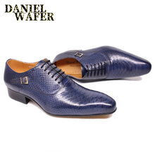 Load image into Gallery viewer, Fashion Men Leather Shoes Snake Skin Prints Men Office Dress Classic Style Burgundy Blue Lace Up Pointed Toe Oxford Shoes Men