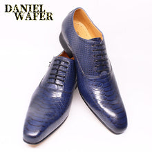 Load image into Gallery viewer, Fashion Men Leather Shoes Snake Skin Prints Men Office Dress Classic Style Burgundy Blue Lace Up Pointed Toe Oxford Shoes Men