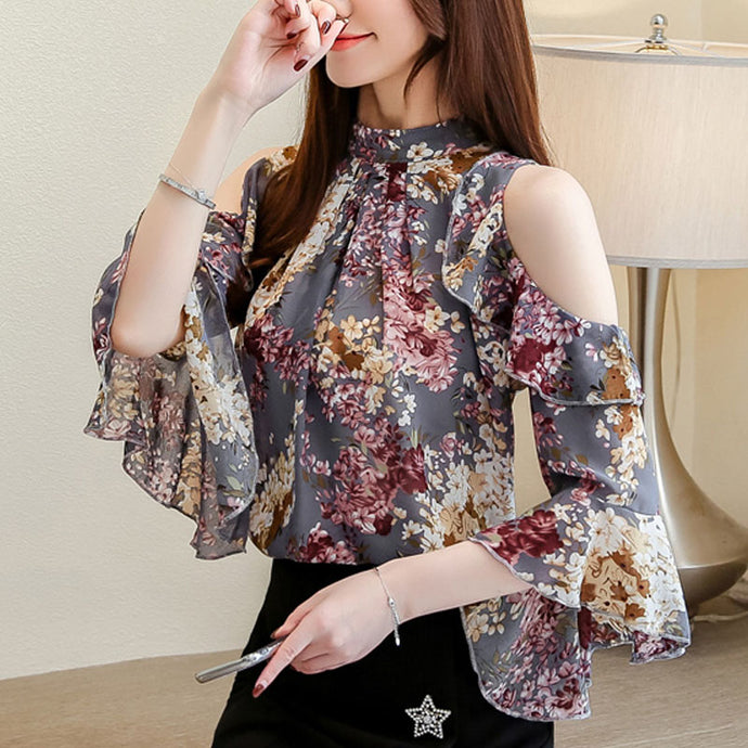 Women Floral Chiffon Blouse Ruffles Stand Butterfly Sleeve Blouse Top