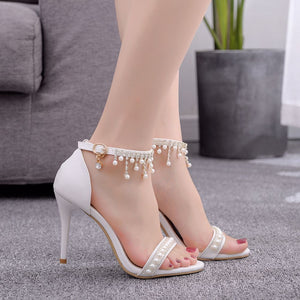 Crystal Queen Sweet White Sexy Wedding Shoes Women Lacing Ankle Strap Peep Toe High Heel