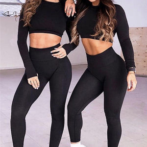 2PCS Women Sport Suit Long Sleeve Shirts Crop Top Seamless Yoga Leggings Yoga Set Gym Clothes Fitness Tracksuit Workout Set