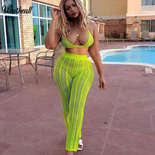 Load image into Gallery viewer, Summer Fishnet Knitted Two Piece Set See Through Suits Bra Top +Pants Two Piece Beach Outfits