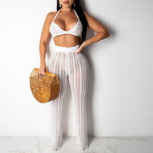 Summer Fishnet Knitted Two Piece Set See Through Suits Bra Top +Pants Two Piece Beach Outfits