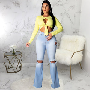 Tsuretobe Fashion Denim Flare Pants Women Retro Ripped Jeans Wide Leg Trousers Lady Casual Bell-Bottoms Flare Pant Female