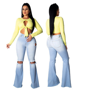 Tsuretobe Fashion Denim Flare Pants Women Retro Ripped Jeans Wide Leg Trousers Lady Casual Bell-Bottoms Flare Pant Female