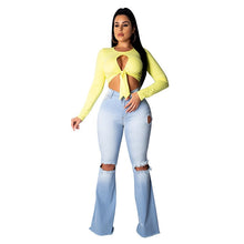 Load image into Gallery viewer, Tsuretobe Fashion Denim Flare Pants Women Retro Ripped Jeans Wide Leg Trousers Lady Casual Bell-Bottoms Flare Pant Female