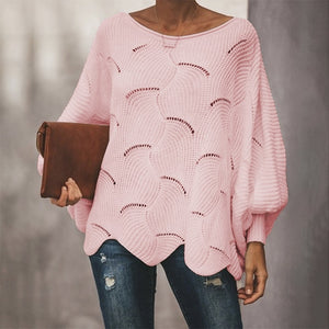 Fashion Hollow Out Women Sweaters Casual Femme Knitwear  Sweaters Lantern Sleeve O Neck Loose Ruffle Women Pullover