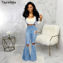 Load image into Gallery viewer, Tsuretobe Casual Flare Ripped Denim Jumpsuit Women Fashion Wide Leg Pant Romper Spaghetti Strap Overalls Pleated Vestidos Female