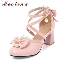 Load image into Gallery viewer, Women Lolita Shoes Ankle Strap Pumps Pearls Lace High Heels Party Shoes