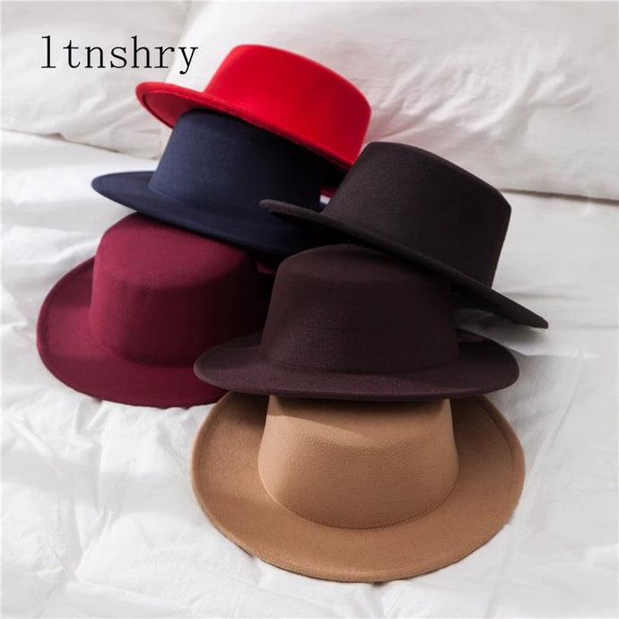 New Classic Solid Color Felt Fedoras Hat for Men Women artificial wool Blend Jazz Cap Wide Brim Simple Church Derby Flat Top Hat