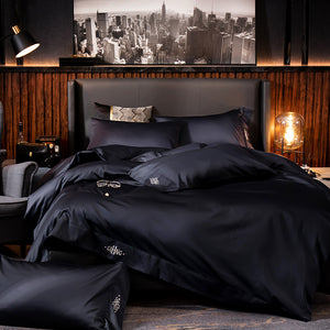 Black egyptian cotton Bedding sets Queen King size Embroidery Bed Duvet cover Bed sheets/fitted sheet linen set hotel bed set