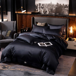 Black egyptian cotton Bedding sets Queen King size Embroidery Bed Duvet cover Bed sheets/fitted sheet linen set hotel bed set