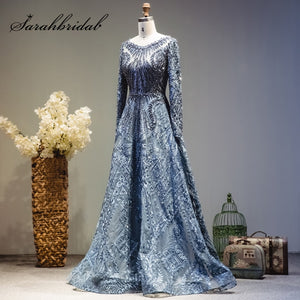 Luxury Beading Long Sleeve Celebrity Dresses Dubai Arabic Muslim Elegant Lace Formal Evening Party Gown Real Video L5608