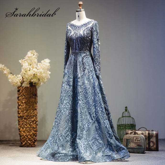 Luxury Beading Long Sleeve Celebrity Dresses Dubai Arabic Muslim Elegant Lace Formal Evening Party Gown Real Video L5608