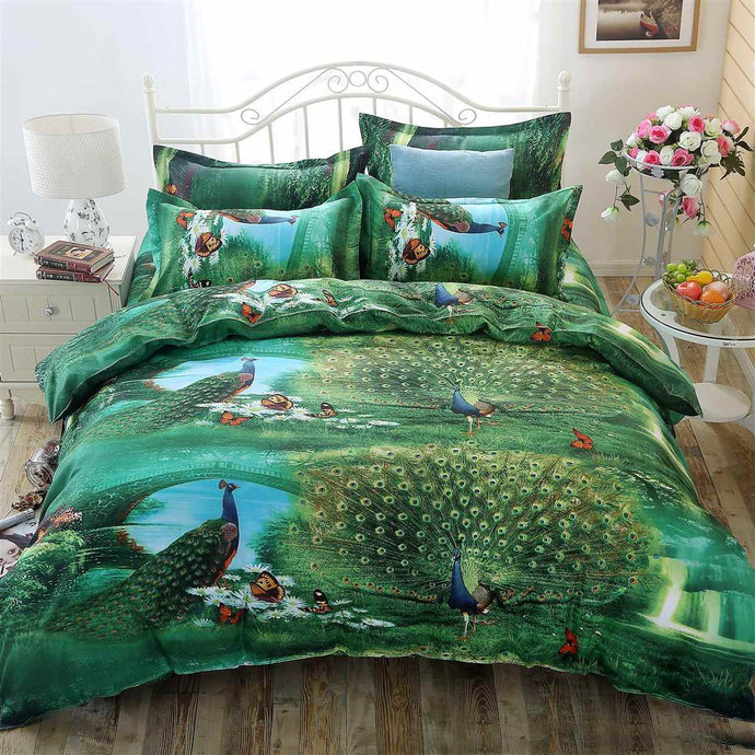 4pcs Bedding Set luxury 3D Peacock Cotton Bedding sets Bed Sheet Duvet Cover Pillowcase Cover set King Queen size Bedspread