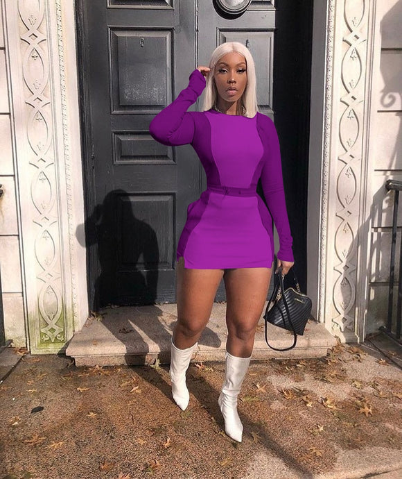 Echoine Autumn Long Sleeve Tops Patchwork Mini Skirt Set Purple Two Piece Set Sexy Skinny Women Tracksuit White Club Outfits