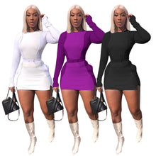 Load image into Gallery viewer, Echoine Autumn Long Sleeve Tops Patchwork Mini Skirt Set Purple Two Piece Set Sexy Skinny Women Tracksuit White Club Outfits