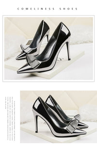 woman wedding slip on pumps luxury high heels shoes fashion crystal bow shallow slides black bronze silver gold