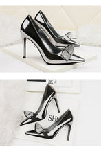 Load image into Gallery viewer, woman wedding slip on pumps luxury high heels shoes fashion crystal bow shallow slides black bronze silver gold