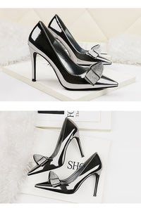 woman wedding slip on pumps luxury high heels shoes fashion crystal bow shallow slides black bronze silver gold