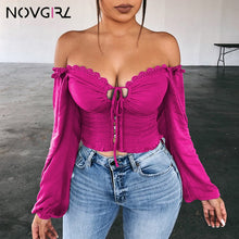 Load image into Gallery viewer, Novgirl Sexy Off Shoulder Lace Up T Shirts Women 2019 Autumn V Neck Long Lantern Sleeve Lace Crop Tops Casual Streetwear T-Shirt