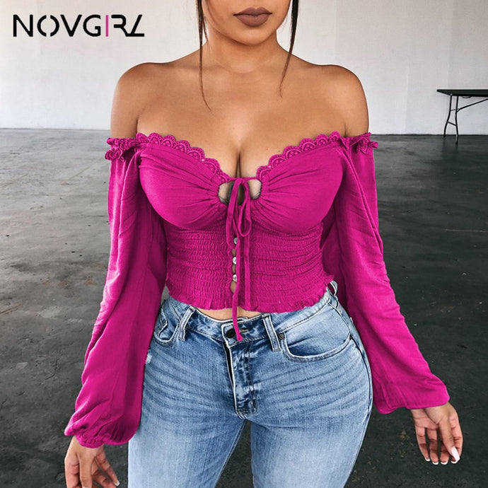 Novgirl Sexy Off Shoulder Lace Up T Shirts Women 2019 Autumn V Neck Long Lantern Sleeve Lace Crop Tops Casual Streetwear T-Shirt