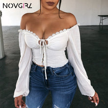 Load image into Gallery viewer, Novgirl Sexy Off Shoulder Lace Up T Shirts Women 2019 Autumn V Neck Long Lantern Sleeve Lace Crop Tops Casual Streetwear T-Shirt