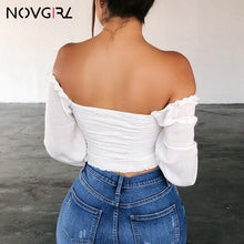 Load image into Gallery viewer, Novgirl Sexy Off Shoulder Lace Up T Shirts Women 2019 Autumn V Neck Long Lantern Sleeve Lace Crop Tops Casual Streetwear T-Shirt