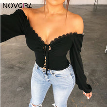 Load image into Gallery viewer, Novgirl Sexy Off Shoulder Lace Up T Shirts Women 2019 Autumn V Neck Long Lantern Sleeve Lace Crop Tops Casual Streetwear T-Shirt