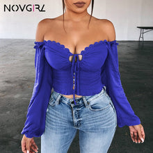 Load image into Gallery viewer, Novgirl Sexy Off Shoulder Lace Up T Shirts Women 2019 Autumn V Neck Long Lantern Sleeve Lace Crop Tops Casual Streetwear T-Shirt