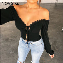 Load image into Gallery viewer, Novgirl Sexy Off Shoulder Lace Up T Shirts Women 2019 Autumn V Neck Long Lantern Sleeve Lace Crop Tops Casual Streetwear T-Shirt