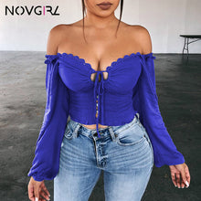 Load image into Gallery viewer, Novgirl Sexy Off Shoulder Lace Up T Shirts Women 2019 Autumn V Neck Long Lantern Sleeve Lace Crop Tops Casual Streetwear T-Shirt