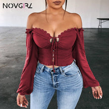 Load image into Gallery viewer, Novgirl Sexy Off Shoulder Lace Up T Shirts Women 2019 Autumn V Neck Long Lantern Sleeve Lace Crop Tops Casual Streetwear T-Shirt