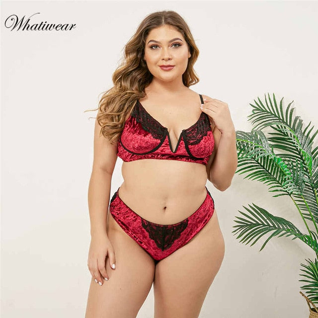 Whatiwear Sexy Plus Size Bra Set Women Push Up Lace Brassiere and briefs set Underwear Set panties D E Cup xl 2xl 3xl 4xl