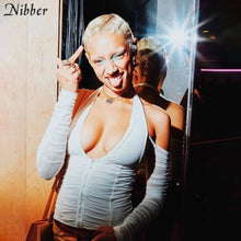 Load image into Gallery viewer, V-neck mesh patchwork t-shirt women strapless long sleeve crop top Tee shirts