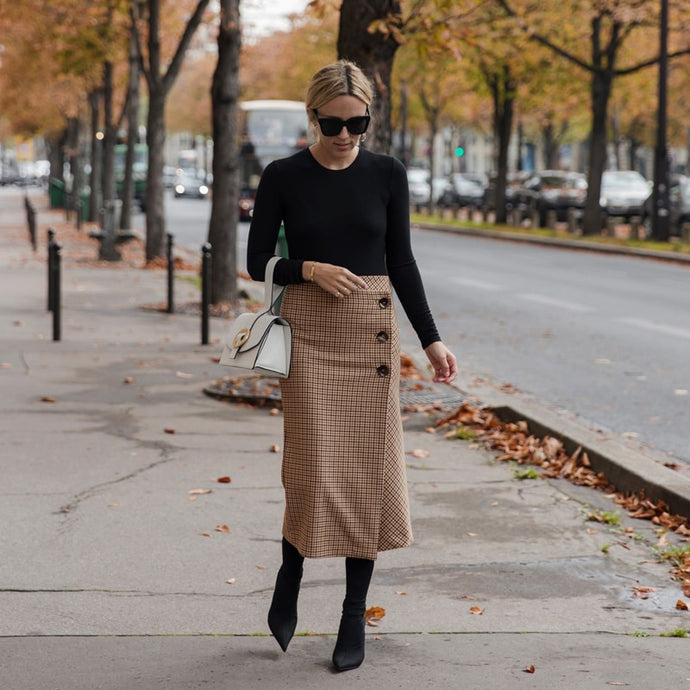 Retro Female Hight Waist Asymmetry Woolen Midi Skirt Wrap New Plaid Vintage Fashion Slim