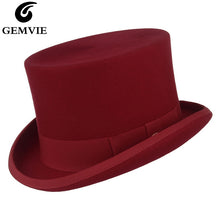 Load image into Gallery viewer, GEMVIE 13cm 100% Wool Felt Red Top Hat Cylinder Hat for Men Women Topper Mad Hatter Party Costume Fedora Derby Magician Hat