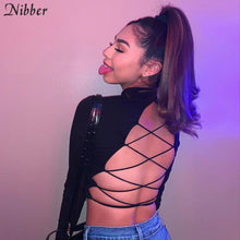 Load image into Gallery viewer, Backless hollow out Bandage top slim turtleneck t-shirt crop full sleeve tee