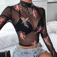 Load image into Gallery viewer, Women T Shirt See Through Transparent Mesh Tops Long Sleeve Sheer Slim Turtleneck
