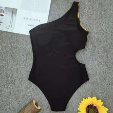 Load image into Gallery viewer, One Shoulder Cutout Plain One-piece New Print Black Patchwork Monokini 2020