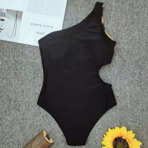 One Shoulder Cutout Plain One-piece New Print Black Patchwork Monokini 2020