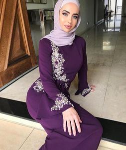 Dress beading Floral Printed Lace-up slim Maxi Abaya Dresses Kaftan Islam Costume Women