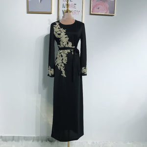 Dress beading Floral Printed Lace-up slim Maxi Abaya Dresses Kaftan Islam Costume Women