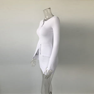 KGFIGU ribbed tops and skirts sets 2019 Autumn two pieces sets sexy zipper full sleeve white matching sets outfits